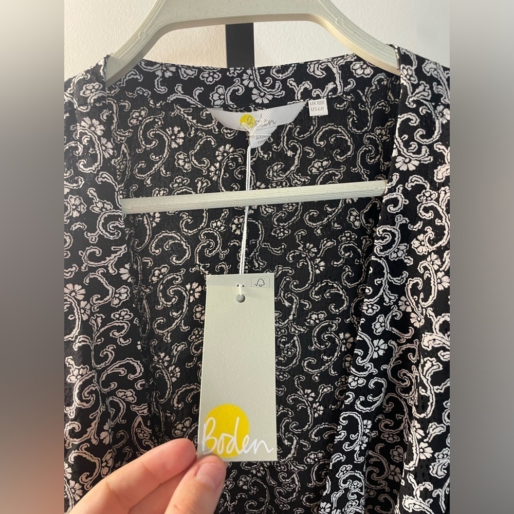 NWT BODEN|| Swirl Sprig Ruched Sleeve Mini Wrap Dress Black White Anthropologie - Picture 6 of 11